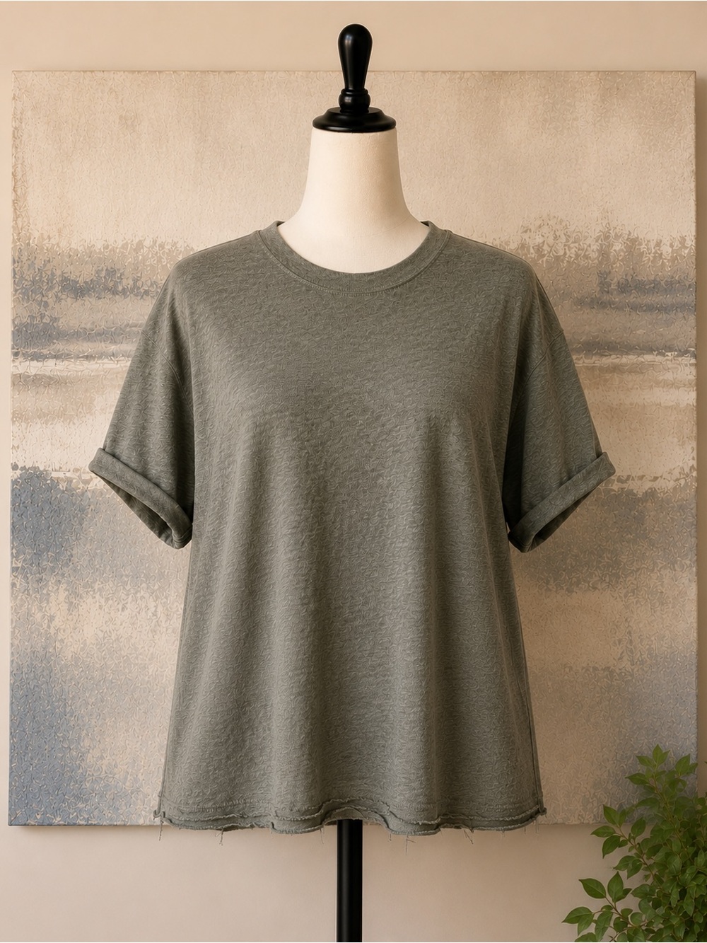 Free People We The Free Olive Raw Hem Boxy Crew Neck Tee XS Oversized